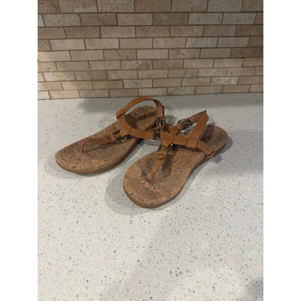 UGG Sandals Women‎ Cork Footbed Thong Leather Brown Strappy Comfort Size 8